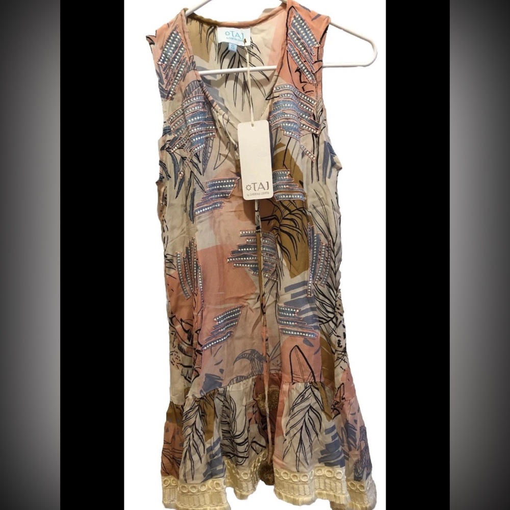 NWT Taj by Sabrina Crippa Dress Pastel Tropical Print Midi SZ S Hand Embroidered